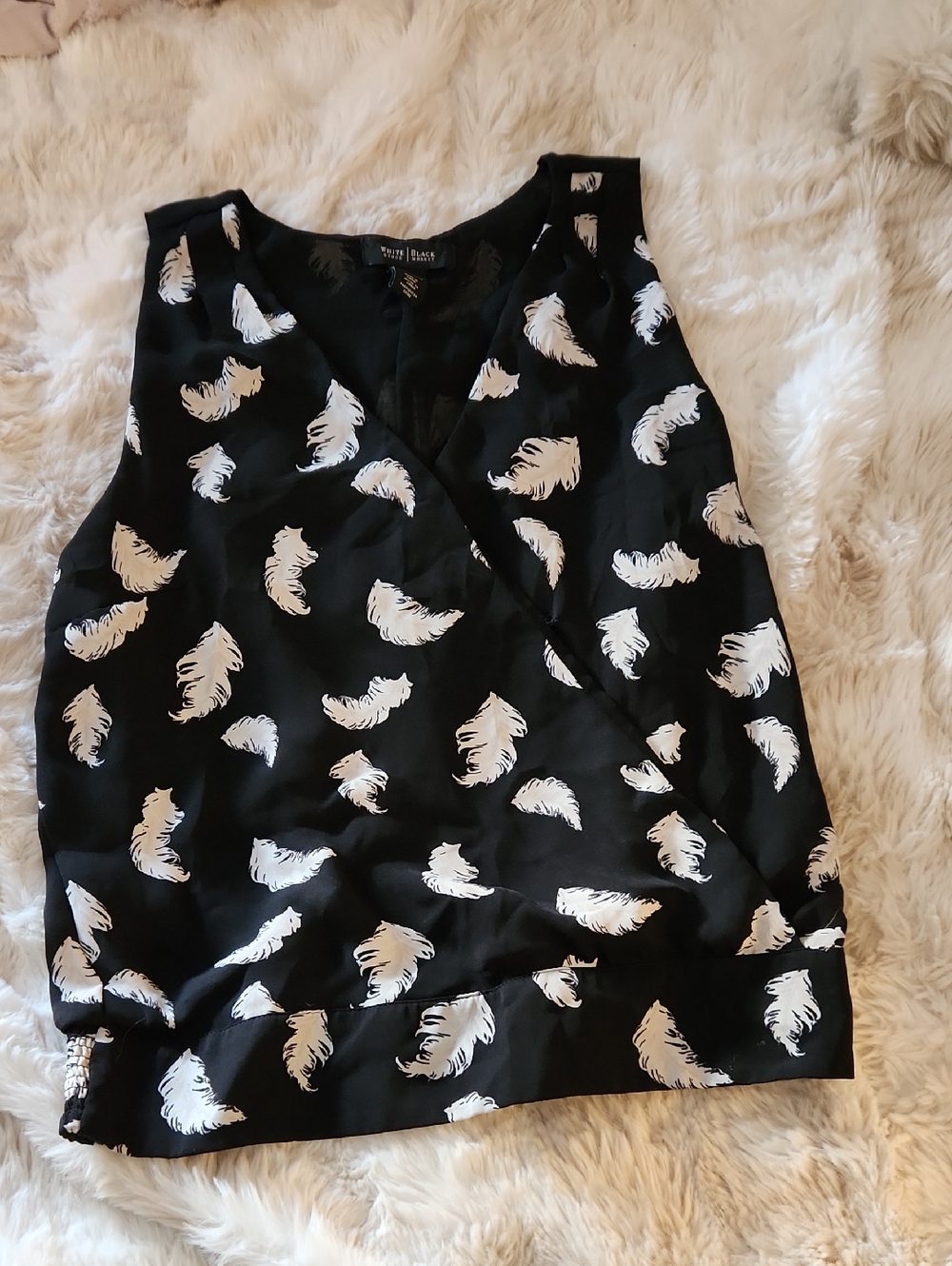 White House Black Market Black Sleeveless Camisole with White Feather Print